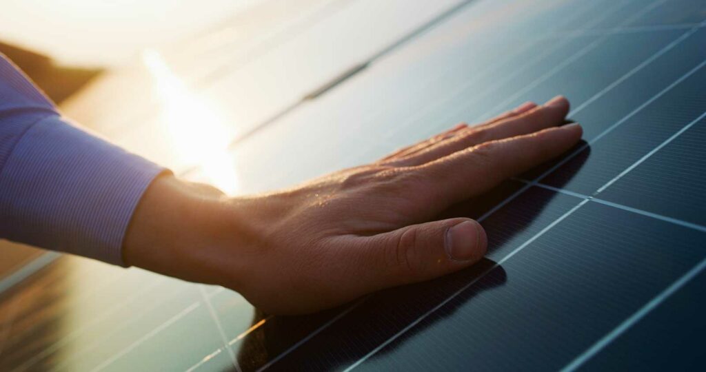 Hand auf Solarpaneel, PV-Anlage
